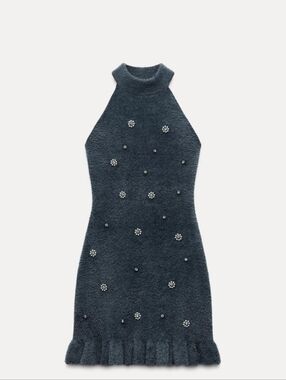 Faux Fur Beaded Halter Dress